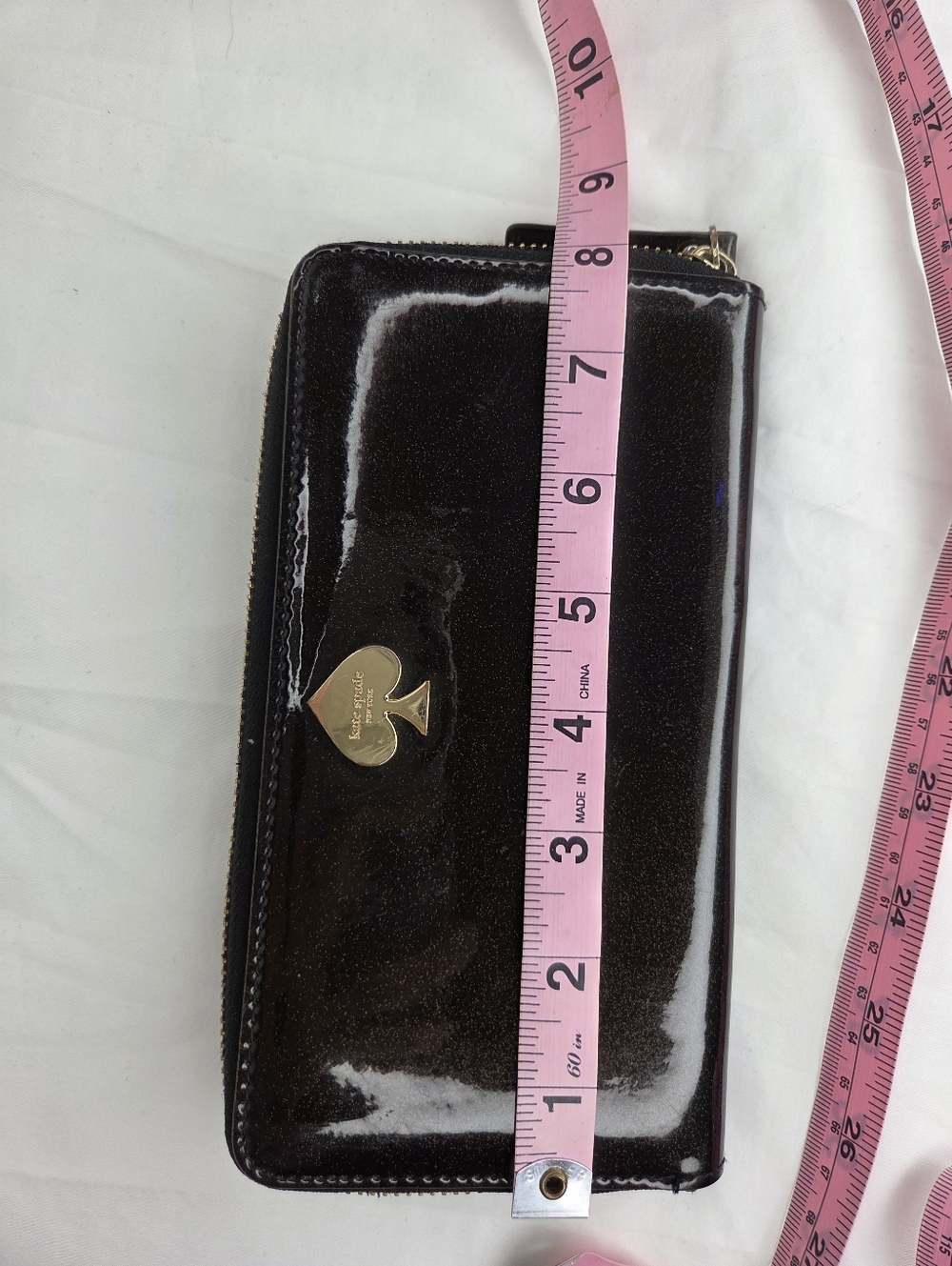 kate spade 8"x4" inch Brown Glitter Patent Zip Wallet with Gold Spade Logo - Picture 15 of 16